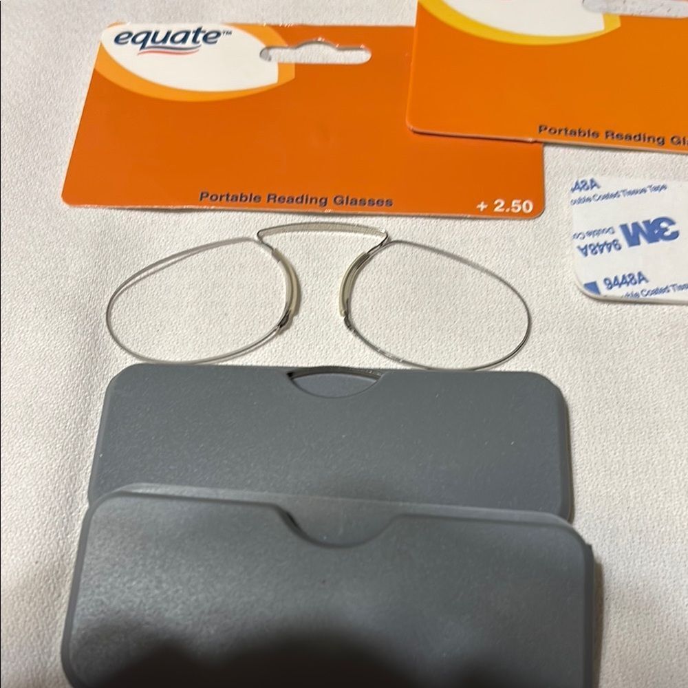 Equate Portable +250 Reading Glasses TWO pair w/one adhesive-auto, etc storage